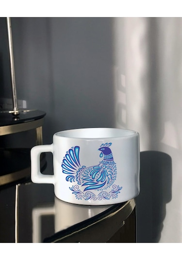 Küçük Mavi Horoz Tasarımlı Çay Fincanı Beyaz