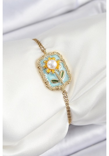 316l Çelik Zincir Turkuaz Mineli Sanatsal Portre İnci Detaylı Papatya Model Gold Renk Kadın Bileklik Çok Renkli