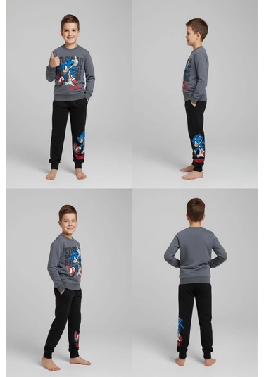 Sonic Desenli Gri Renk Erkek Çocuk Eşofman Takım Gri