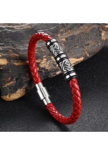 Viking Bilezik Erkek Deri Bilezik Pusula Bileklik İskandinav Rünleri Muska Mitolojisi Mücevher Hediyeler Kırmızı