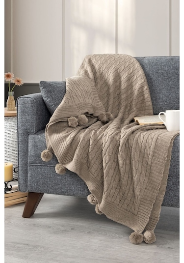 Ponponlu Triko Örme Tv Battaniyesi Koltuk & Omuz Şalı & Diz Battaniyesi 130x170cm - Bej Bej