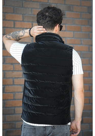 Lordy Örgü Detaylı Cepli Dik Yaka Nova Parlak Kumaş Erkek Şişme Yelek Siyah