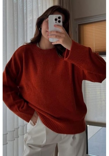 Kiremit Bisiklet Yaka Oversize Triko Kazak Mg1972 Kiremit