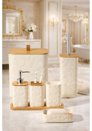 Makri Home Desenli 7 Parça Bambu Kapaklı Ve Aksesuarlı Banyo Seti Beyaz