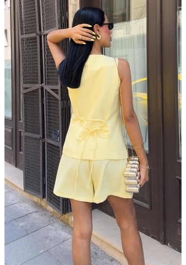 Gold Düğme Detaylı Yelek Şort Cotton Takım 10208 Altın