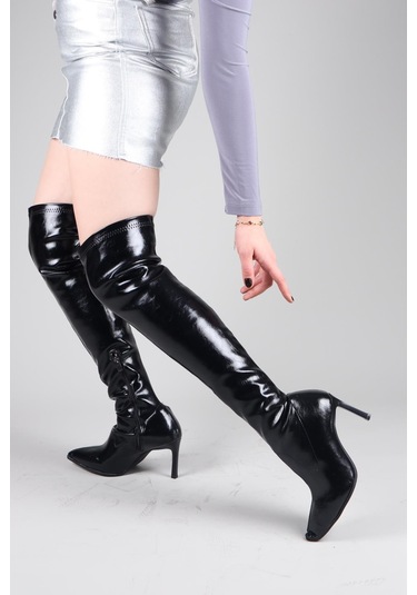 Nikki Diz Üstü Topuklu Çizme Siyah-8569 Siyah