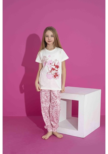 Kız Çocuk Kısa Kol Likralı Penye Alt Üst Pijama Takımı 3039-40b Beyaz
