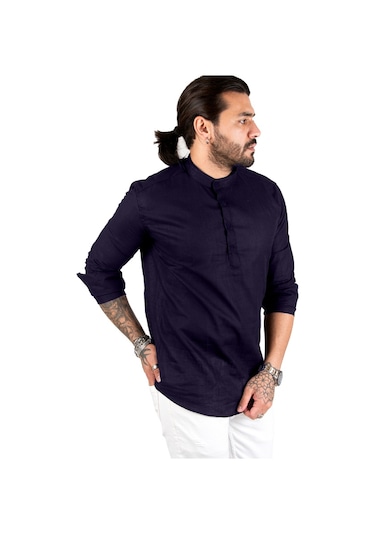 Deepsea Erkek Lacivert Yarım Düğmeli Hakim Yaka Flamlı Keten Gömlek 2201914 Lacivert