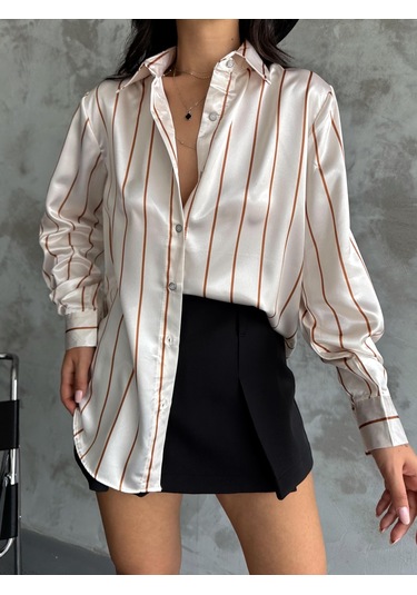 Kadın Oversize Ekru Renk Camel İnce Çizgili Detaylı Saten Gömlek-camel Camel