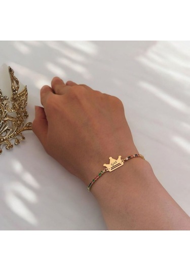 Gül İsmine Özel 14 Ayar Altın Plakalı Renkli Taş Desenli Taç Motifli Hediye Bileklik-489isim Gül