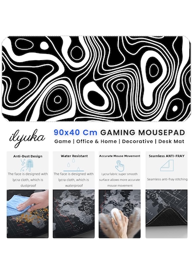 İlyuka Mousepad 90x40cm Büyük Boy Xxl Black And White Top. Map