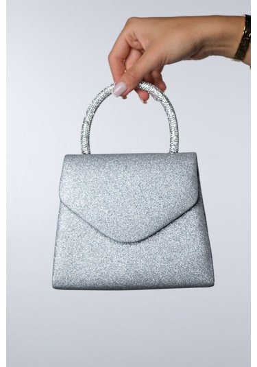 Monako Gümüş Kum Sim Taşlı Kadın El Çantası Gümüş Sim