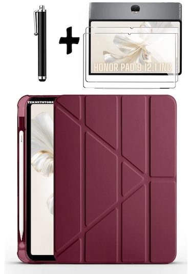 Honor Pad 9 12.1 İnç Uyumlu Kalem Bölmeli Standlı Silikon Kılıf + Ekran Koruyucu + Kalem 3'lü Set Mürdüm