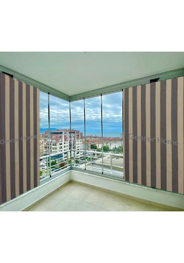 Ceylan Home Balkon Perdesi Kuş Gözü Ölçü Seçenekli Gri Krem Çizgili Gri