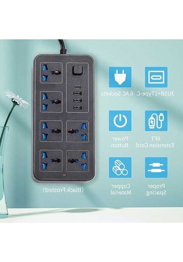 Pazly Beyaz 6 Ac Soketli Güç Şeridi, 3 Usb + 1 Type-c, 6ft Uzatma Kablosu, Aşırı Gerilim Koruyucu, Ev/yaşam İçin Pratik Şarj Cihazı 1.8 M