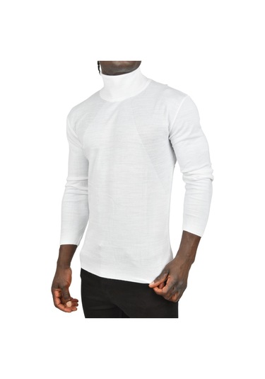 Deepsea Erkek Beyaz Tam Balıkçı Yaka Yanları Desenli Slim Fit Boğazlı Triko Kazak 2505495 Beyaz