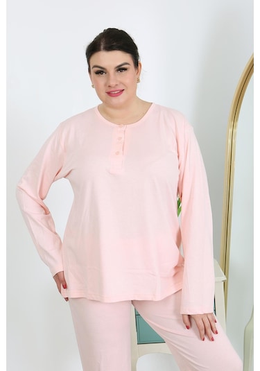 Akbeniz Kadın Büyük Beden Uzun Kol Penye Pijama Takımı Pembe 202501 Pembe