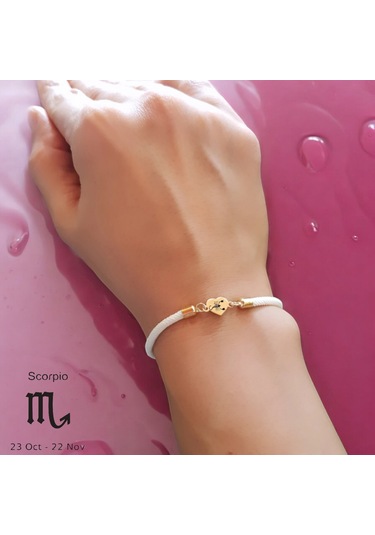 Archin Akrep Burçlarına Özel Kalp Figürlü 14 Ayar Altın Plakalı Beyaz Örgülü Hediye Bileklik-478burç Akrep