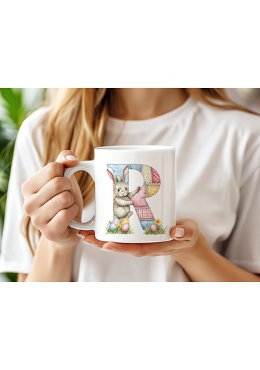 R Harfli Tavşan Kupa - Patchwork / Yamalı Desenli İsme Özel Kupa - Pastel Vintage Tarz Hediyelik 07 Beyaz