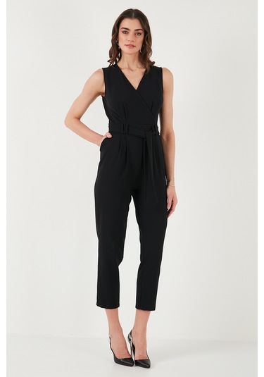 Lela Slim Fit Düz Paça Kruvaze Yaka Kemerli Bayan Tulum 6783626 Siyah