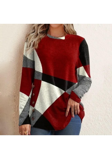 Kırmızı Kadın Gevşek Üstleri Gömlek Uzun Kollu Kadın Rahat Bluzlar Bayan T-shirt Üst 2xl Kırmızı