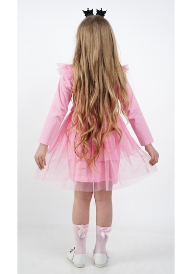 Kuromi Pembe Tül Detaylı Kız Çocuk Elbisesi Pembe