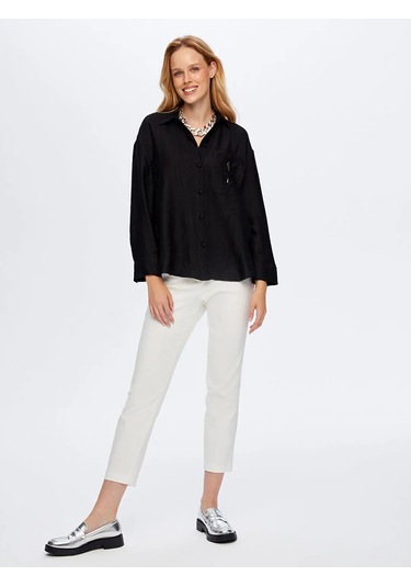 Faik Sönmez Metal Aksesuarlı Kendinden Dokulu Kadın Gömlek W26gml016 Siyah