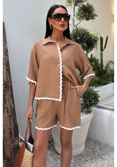 Kadın Camel Keten Biye Detaylı Kısa Şortlu Takım Camel