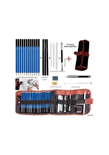Kara Kalem Çizim Seti, Eskiz Kalem Seti, Dereceli Kalem Set, Tonlama-rulo Kalemlikli-32parça