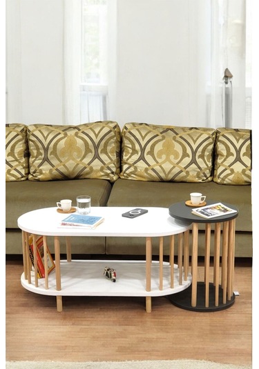 İkili Set Orta Sehpa Ahşap Ayaklı Sehpa İki Raflı Sehpa Dekoratif Sehpa Gazetelikli Beyaz - Antrasit