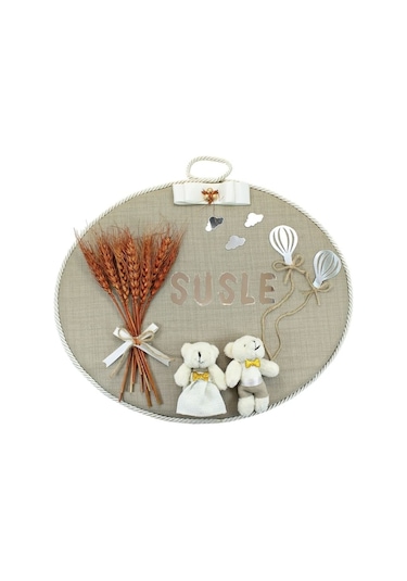 Süslebabypartystore Kuru Çiçek Tanzimli, Jüt Kumaş, Isimli Oval Kapı Süsü Çok Renkli
