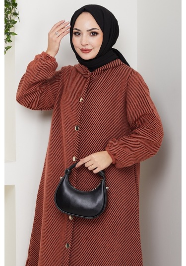 Çizgi Detay Kapüşonlu Kaşe Kap 1634 - Kiremit Kiremit