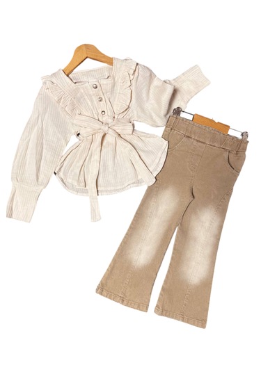 Kız Çocuk Bluzu Fırfırlı Düğme Kapama Kot Pantolonlu İkili Takım Bej