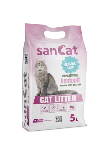 Sancat Premium Marsilya Sabun Kokulu Topaklaşan Beyaz Bentonit Kedi Kumu 5 L