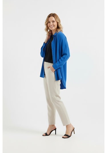 Yxc Trend Maker Oversize Uzun Basic Bayan Keten Gömlek Saks