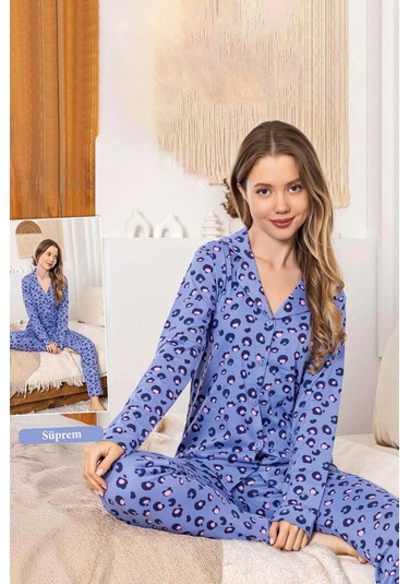 Kadın Leopar Desen Düğmeli Suprem Pijama Takımı 0319 Leo Mor Mor