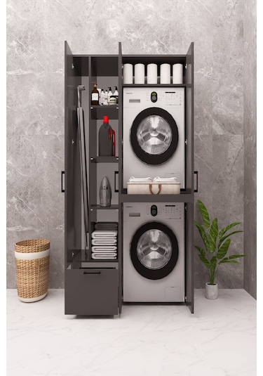 Mdf Çamaşır Makinesi Ve Kurutma Makinesi Dolabı Ütü Masalı Kapaklı Antrasit