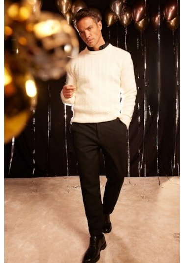 DeFacto Standart Fit Bisiklet Yaka Triko Kazak E1007AX24WNER100 Ekru