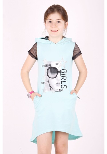 Toontoy Kız Çocuk Kapşonlu Cepli Elbise Açık Mint Yeşili