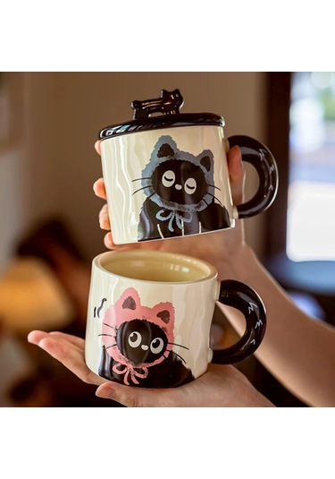 Tenfowee Kedi Desenli Seramik Bardak - Gri Renk 370ml - Dayanıklı Kahve/çay Bardağı - Ev/ofis Kullanıma Uygun Gri