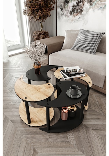 Yin Yang Unıty Serenıty Orta Sehpa 4 Lü Siyah Meşe 70 Cm Meşe