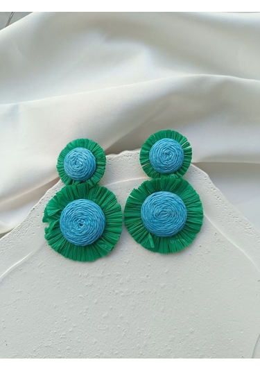 Yeşil Mavi Hasır Küpe Altın - Yeşil