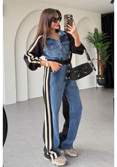 Kadın Kot Garnili Siyah Şeritli Palazzo Alt Üst Takım Çok Renkli