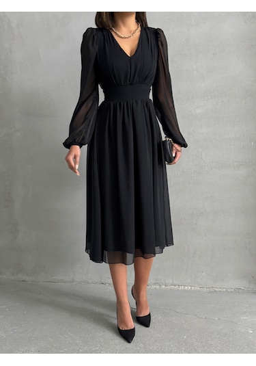 Kadın Arkadan Bağlamalı Şifon Elbise Siyah