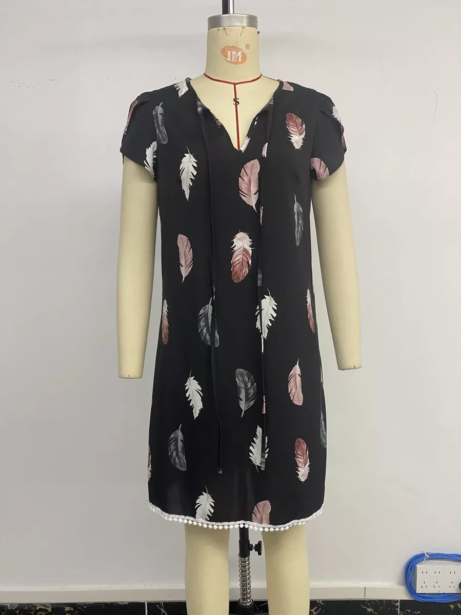 Gcarol Ofis İçin Yazlık Desenli Siyah Elbise 233616125 Siyah