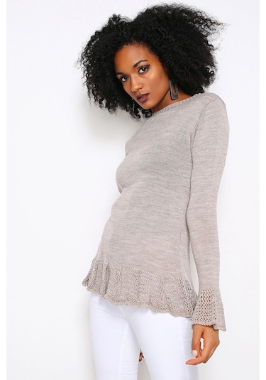 Vizon Yuvarlak Yaka, Fırfır Kol Ve Etek Ucu Detaylı, Triko Bluz Vizon