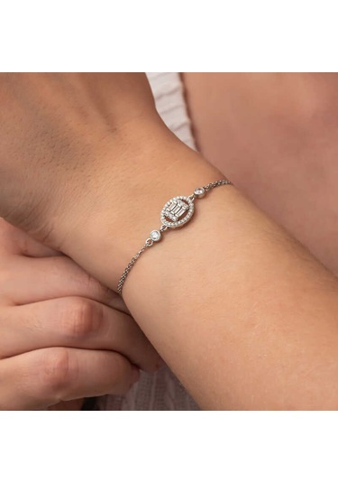 Gümüş Oval Baget Taşlı Kadın Bileklik Gümüş