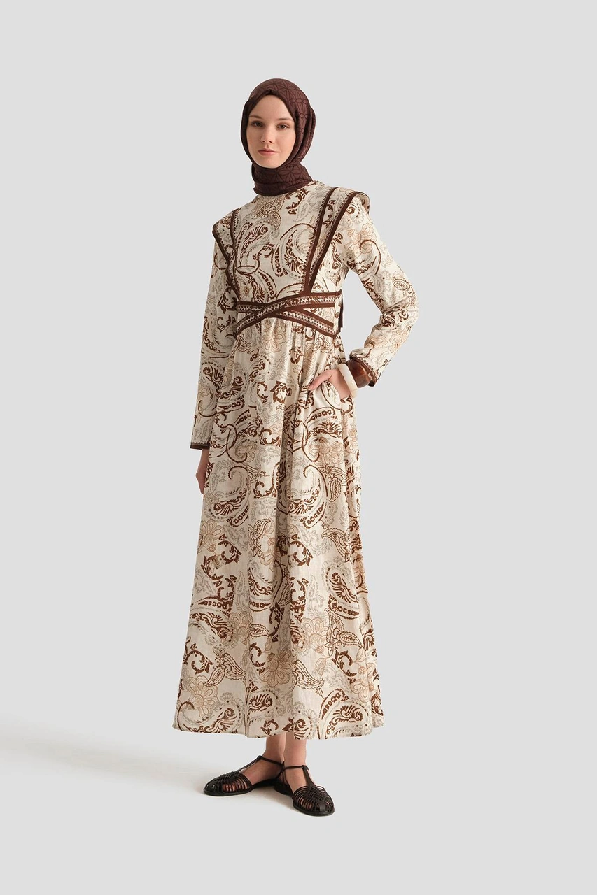 Armine Etnik Desenli Keten Elbise 25y9008 Kahverengi Kahverengi