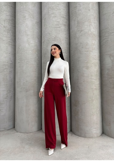 Kadın Likralı Cırt Kapama Lacivert Geniş Paçalı Rahat Palazzo Pantolon Bordo