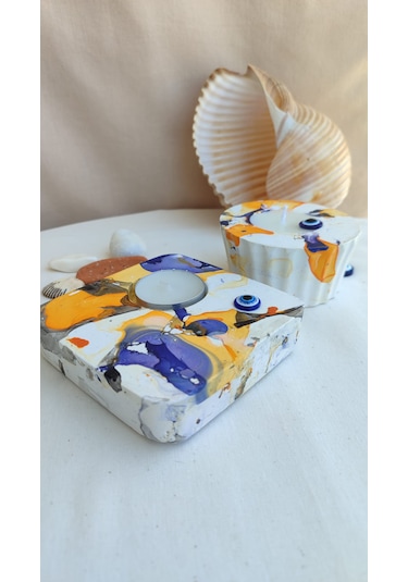 Fancyagnes El Yapımı Taş Tozu Mumluk Ve Mum 2li Set Beyaz - Turuncu